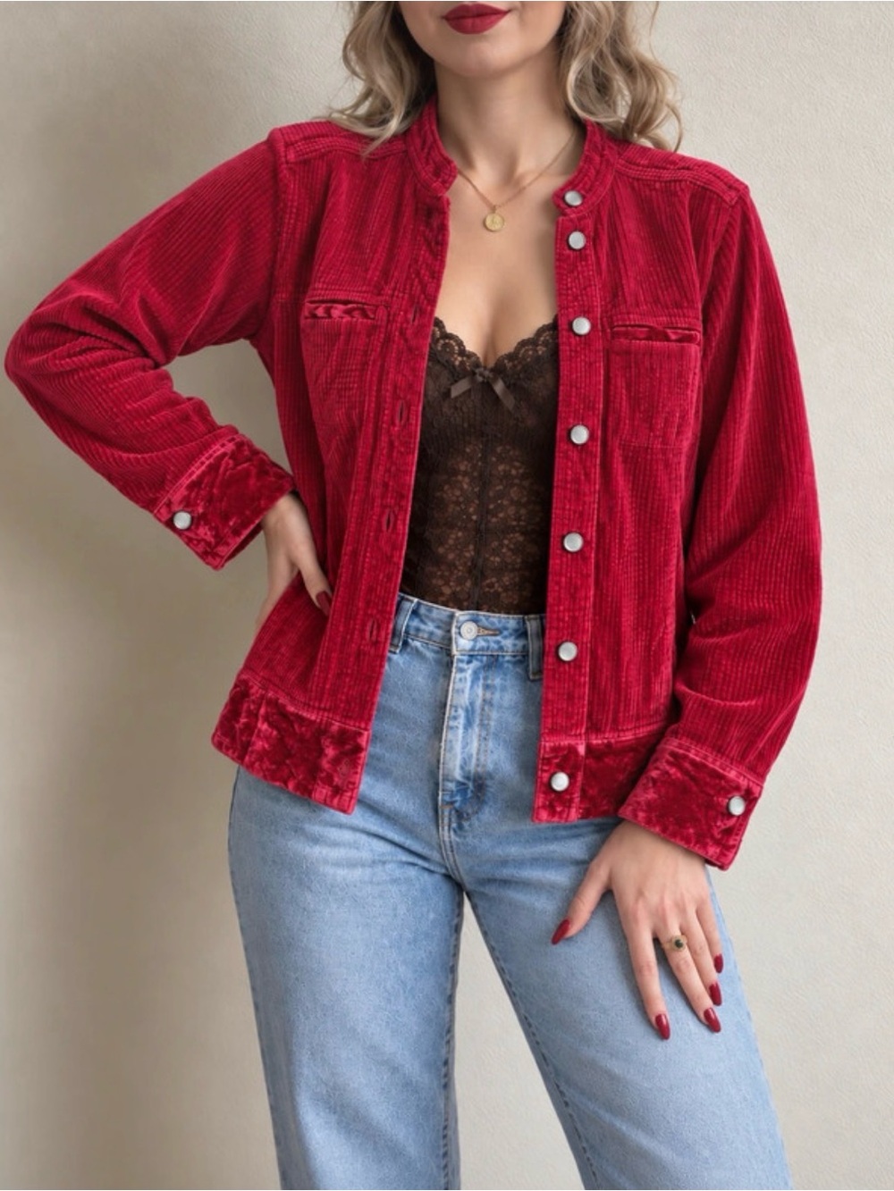 Vintage 90s J. Jill Corduroy Jacket Velvet Trim Medium Red Holiday Cottage